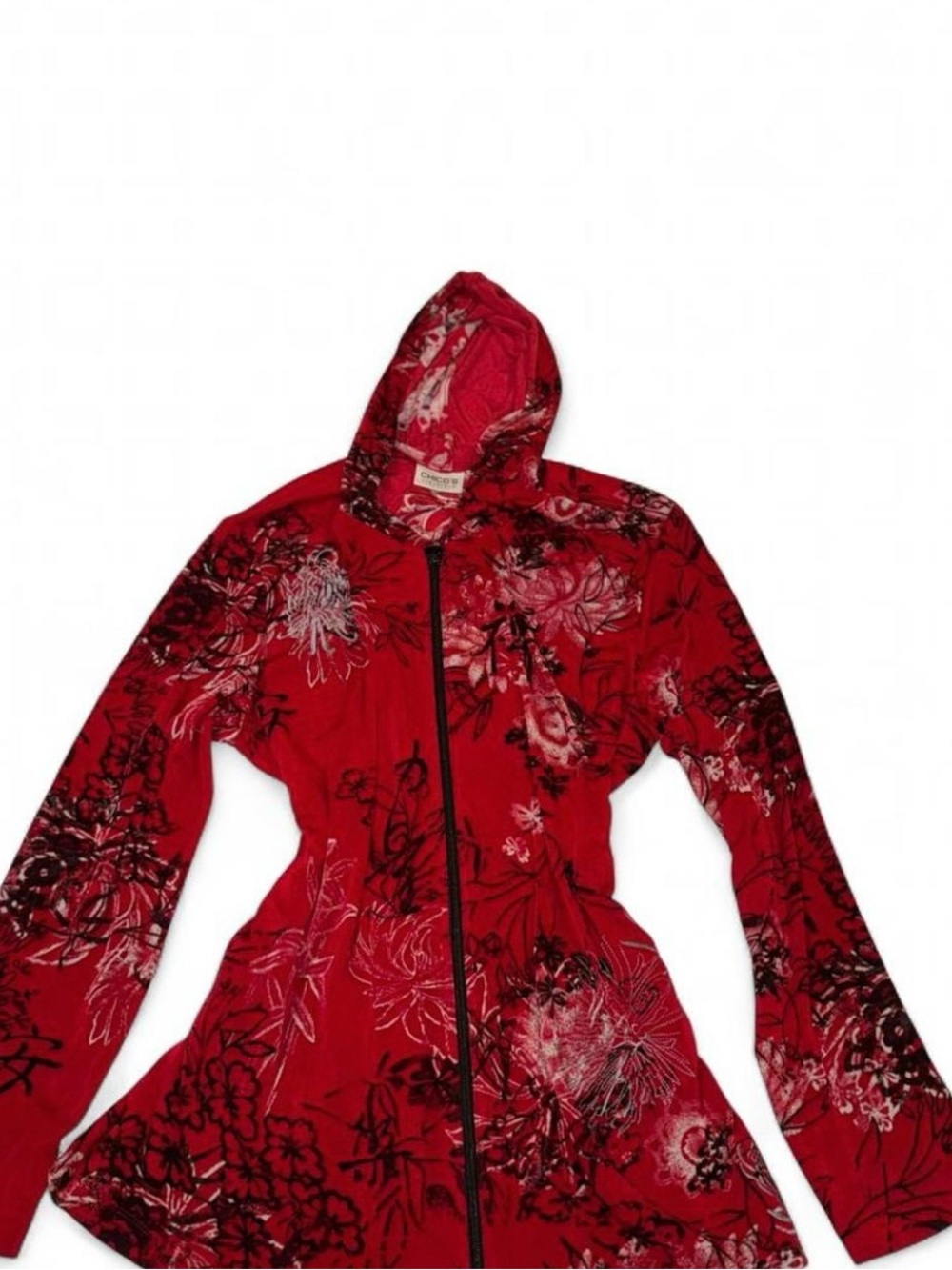 Chico's Red Y2K Hooded Utility Jacket With Floral Print Embroidered Detailing